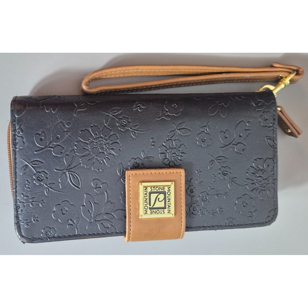 Stone Mountain Womens Leather Wristlet Wallet Black Floral Brown 8" x 4" LN